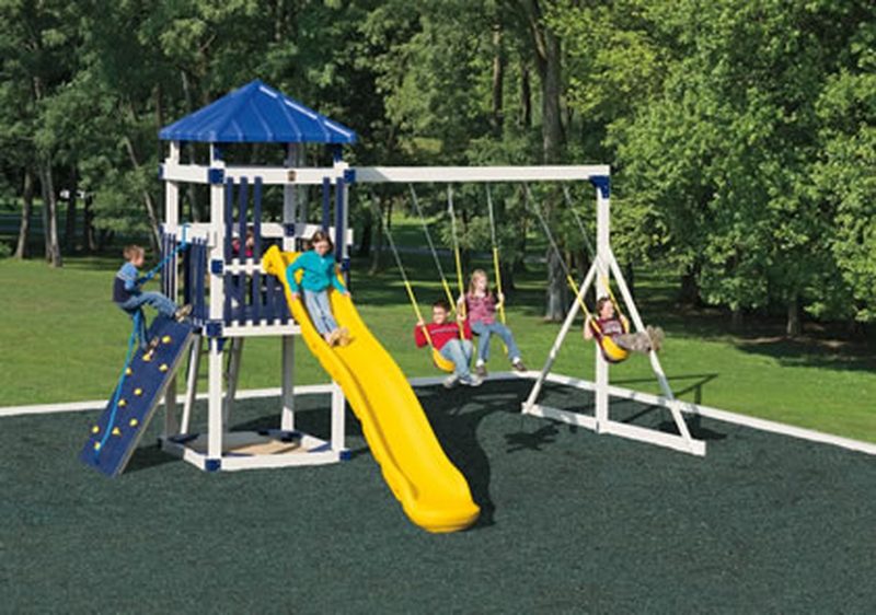 Adventure Gym #A-3 Standard Off White vinyl, Green accents    This simple swingset is ideal for small backyards without a ton of extra space